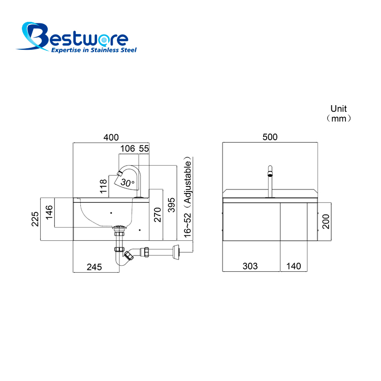 Stainless Steel Knee Operated Wash Sink - Wall Mount