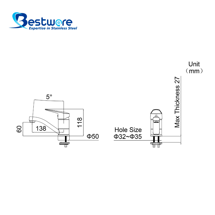 Stainless Steel Hot and Cold Faucet - Single Hole Deck Mount