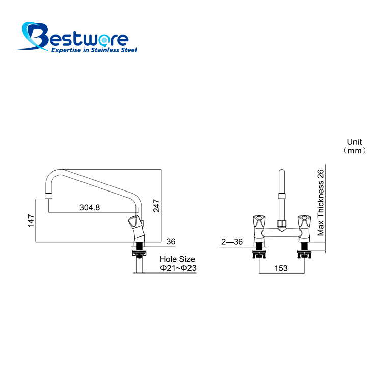 European Style High-grade Stainless Steel Hot and Cold Manual Faucet - Dual Holes Deck Mount