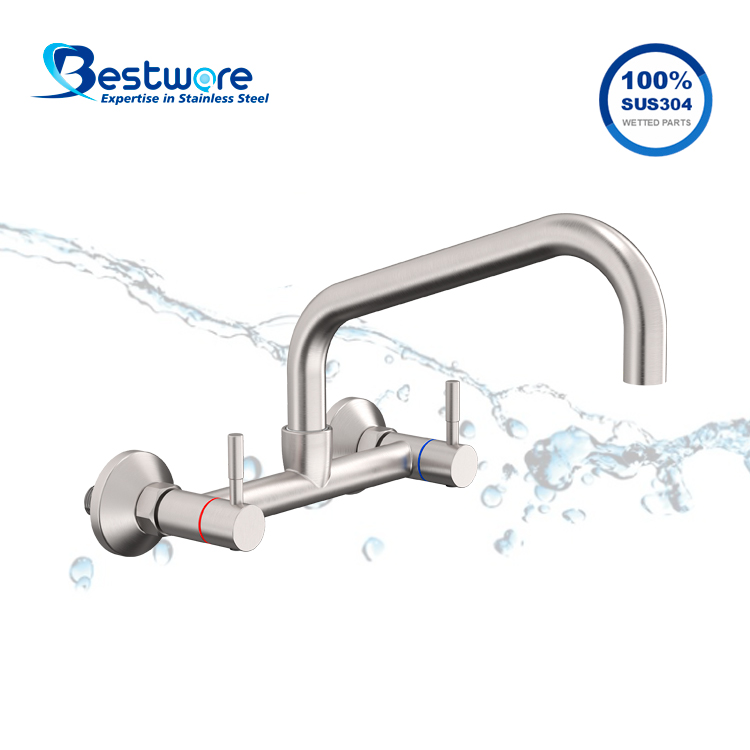 Economy Style Stainless Steel Hot and Cold Manual Faucet - Dual Holes Wall Mount