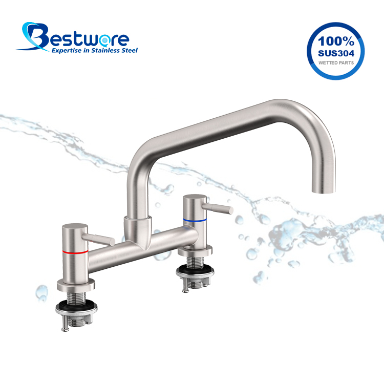 Economy Style Stainless Steel Hot and Cold Manual Faucet - Dual Hole Deck Mount
