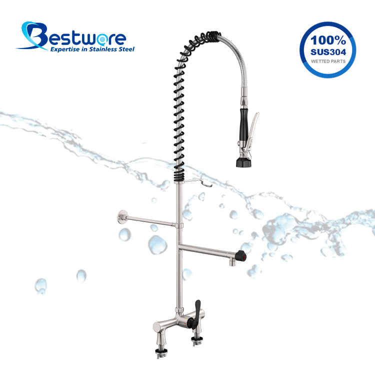 Affordable Luxury Streamlined Style High-grade Stainless Steel Hot and Cold Pre Rinse Faucet - Dual Holes Deck Mount