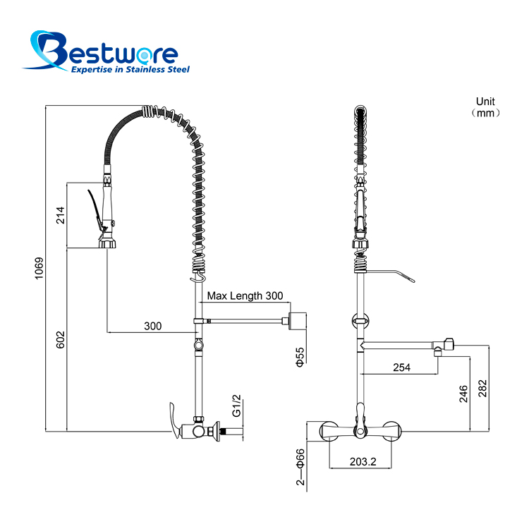 Affordable Luxury Streamlined Style High-grade Stainless Steel Hot and Cold Pre Rinse Faucet - Dual Holes Wall Mount