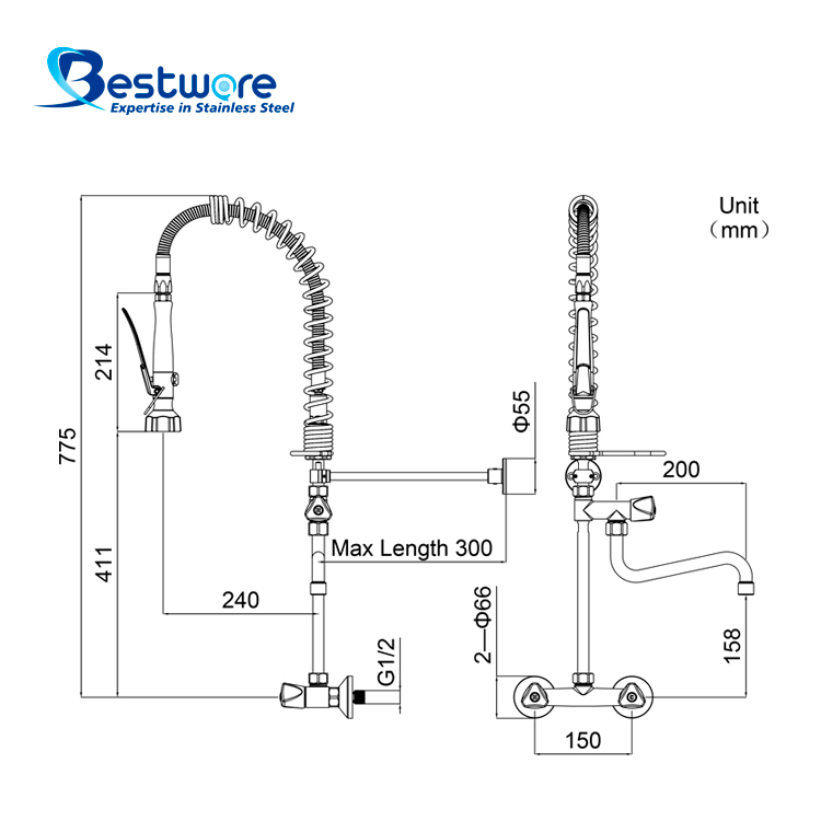 European Mini Style High-grade Stainless Steel Hot and Cold Pre Rinse Faucet - Dual Holes Wall Mount