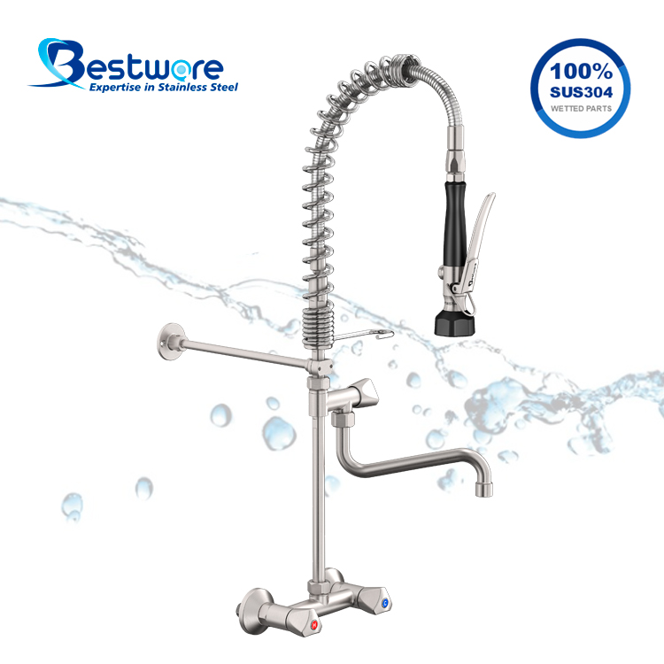 European Mini Style High-grade Stainless Steel Hot and Cold Pre Rinse Faucet - Dual Holes Wall Mount