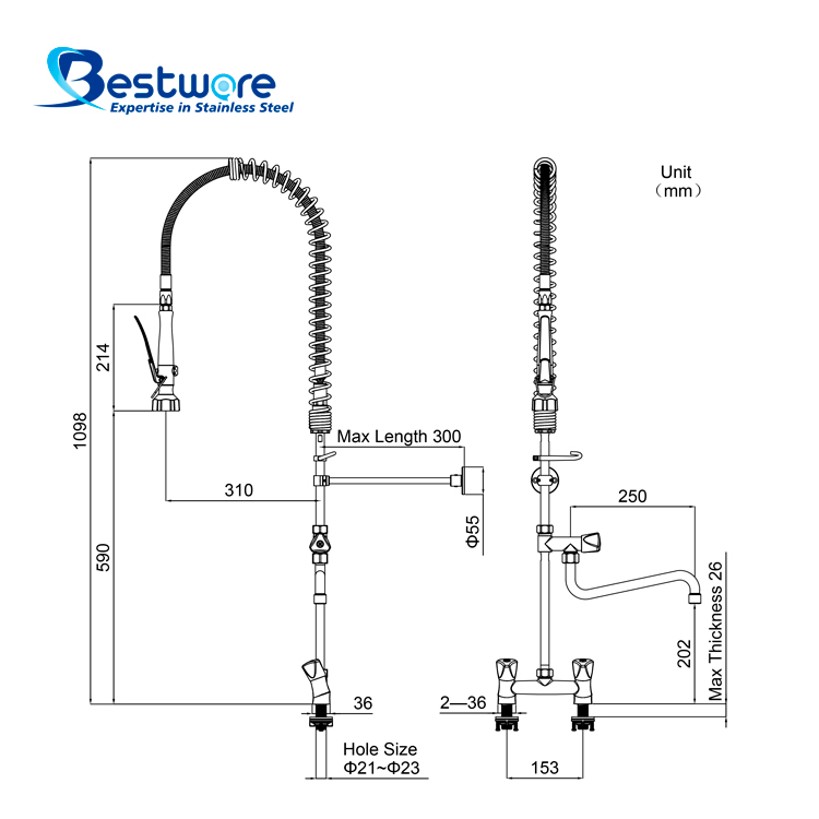 European Standard Style High-grade Stainless Steel Hot and Cold Pre Rinse Faucet - Dual Holes Deck Mount