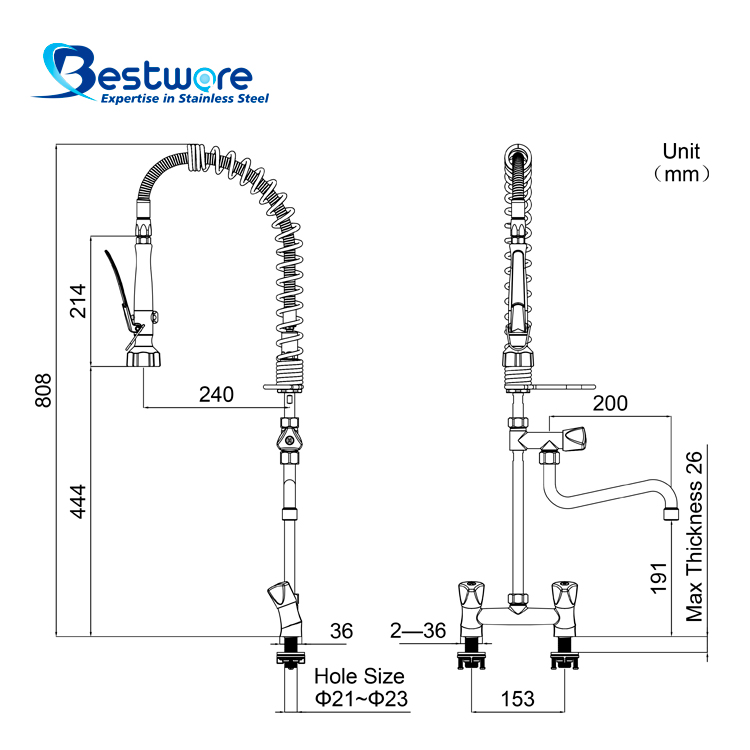 European Mini Style High-grade Stainless Steel Hot and Cold Pre Rinse Faucet - Dual Holes Deck Mount