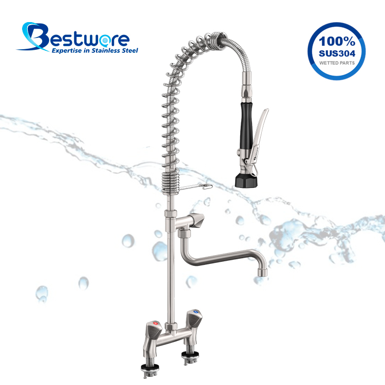 European Mini Style High-grade Stainless Steel Hot and Cold Pre Rinse Faucet - Dual Holes Deck Mount