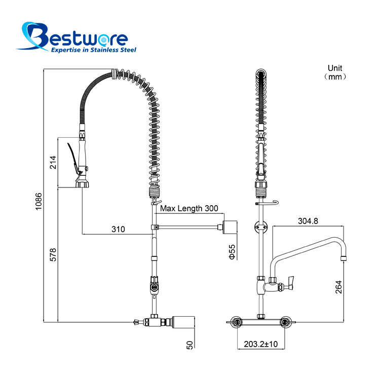 American Standard Style High-grade Stainless Steel Hot and Cold Pre Rinse Faucet - Dual Holes Wall Mount