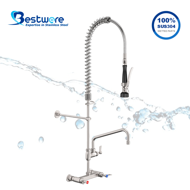 American Standard Style High-grade Stainless Steel Hot and Cold Pre Rinse Faucet - Dual Holes Wall Mount