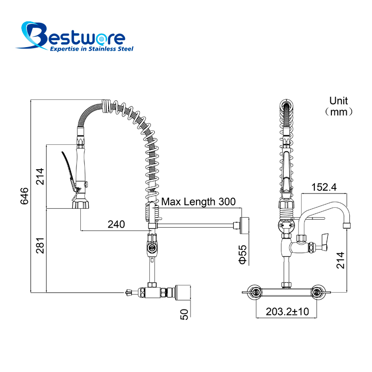 American  Mini Style High-grade Stainless Steel Hot and Cold Pre Rinse Faucet - Dual Holes Wall Mount