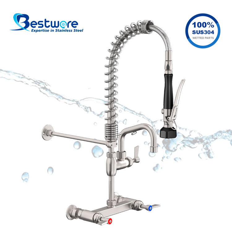 American  Mini Style High-grade Stainless Steel Hot and Cold Pre Rinse Faucet - Dual Holes Wall Mount