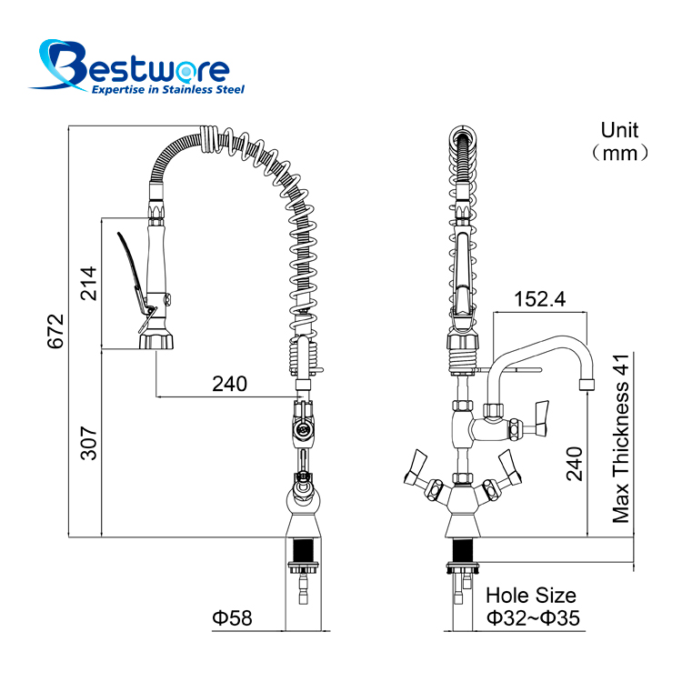 American Mini Style High-grade Stainless Steel Hot and Cold Pre Rinse Faucet - Single Hole Deck Mount