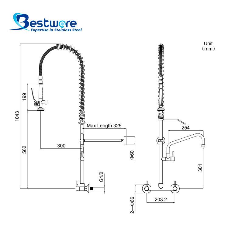 Economy Classic Style Stainless Steel Hot and Cold Pre Rinse Faucet - Dual Holes Wall Mount