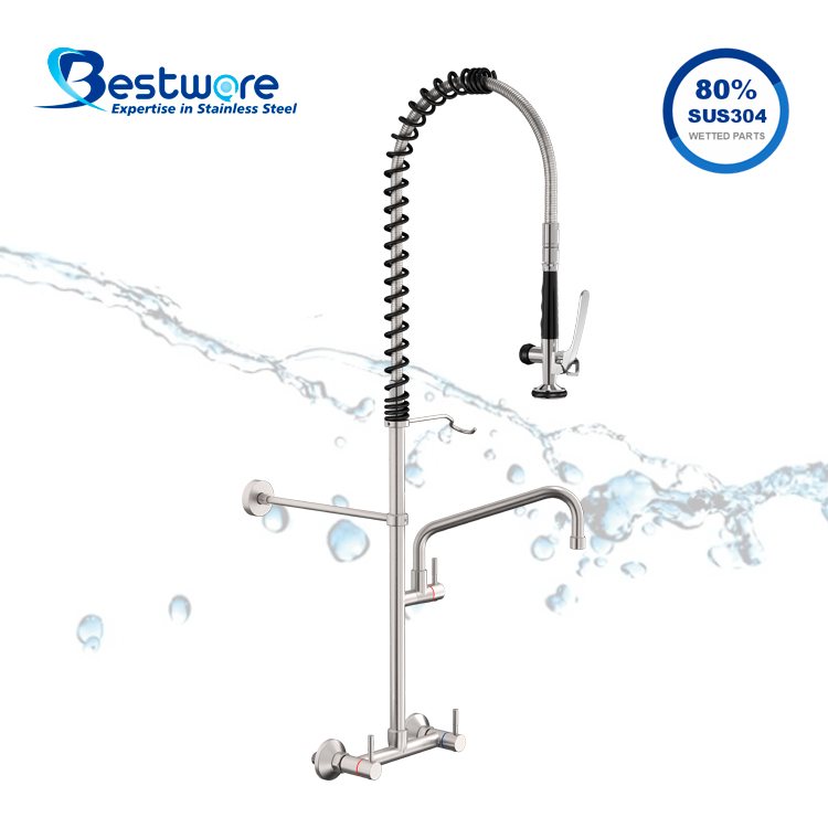 Economy Classic Style Stainless Steel Hot and Cold Pre Rinse Faucet - Dual Holes Wall Mount