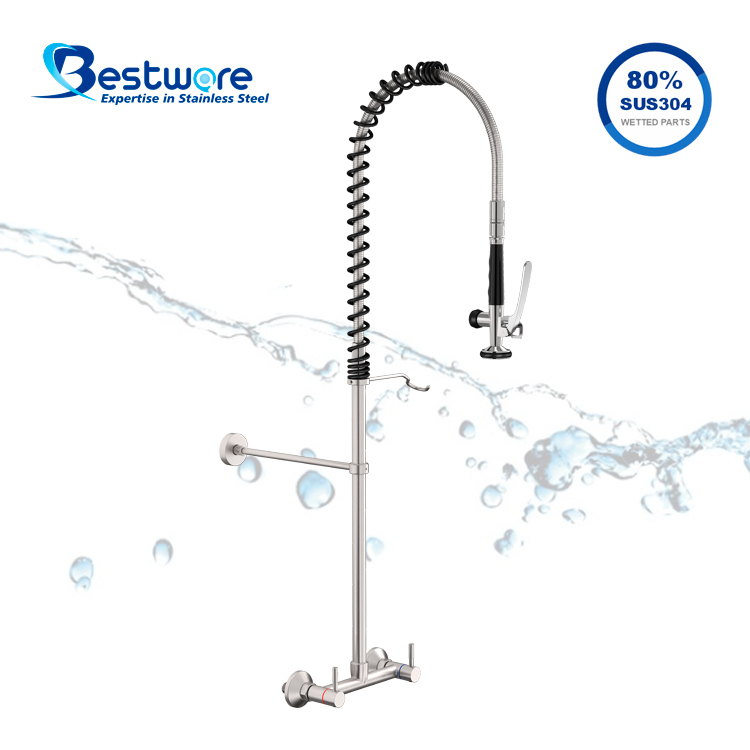 Economy Classic Style Stainless Steel Hot and Cold Pre Rinse Faucet - Dual Holes Wall Mount